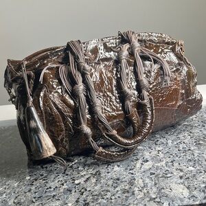 Susan Riedweg Brown Patent Leather Zip Top Bag Double Straps Horn Zipper Pull